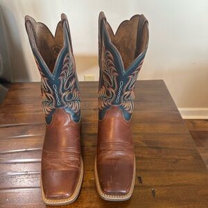 Ariat Brown Leather Cowboy Boots with Teal Embroidered Shaft